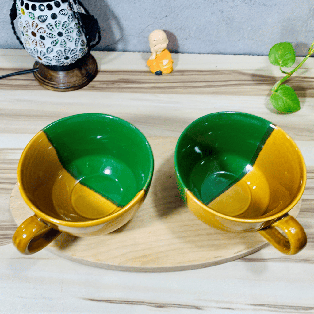Homefrills Ceramic Glossy Finish Large Coffee Mugs/Soup Mugs/Cereal Bowls Set of Two Glossy Finish Suitable for Coffee, Tea, Juice, Cappuccino, Soup,Milk etc. (275ml) Set of 2 (Colour-Green & Yellow)