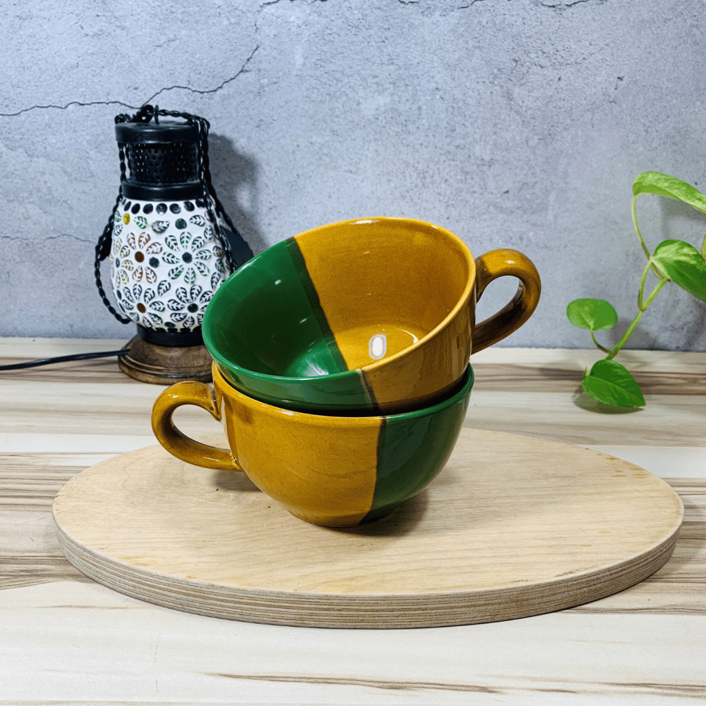 Homefrills Ceramic Glossy Finish Large Coffee Mugs/Soup Mugs/Cereal Bowls Set of Two Glossy Finish Suitable for Coffee, Tea, Juice, Cappuccino, Soup,Milk etc. (275ml) Set of 2 (Colour-Green & Yellow)