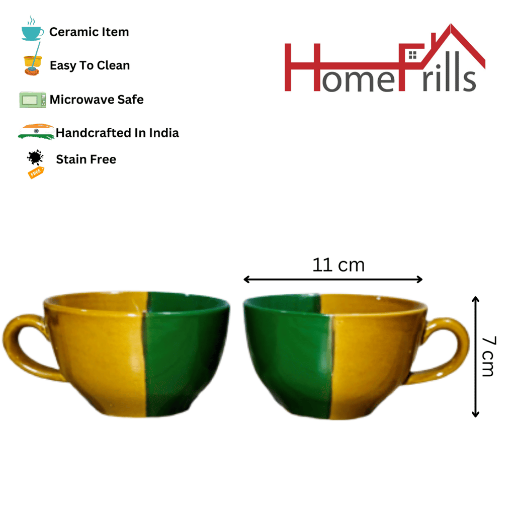 Homefrills Ceramic Glossy Finish Large Coffee Mugs/Soup Mugs/Cereal Bowls Set of Two Glossy Finish Suitable for Coffee, Tea, Juice, Cappuccino, Soup,Milk etc. (275ml) Set of 2 (Colour-Green & Yellow)