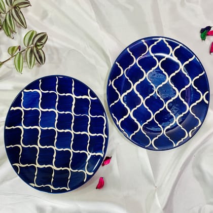Homefrills Stoneware Blue Moroccan Hand-Painted Full Size Ceramic Dinner Plates Thali Set of 2( 2 Pieces, Microwave Safe,Dishwasher Safe)