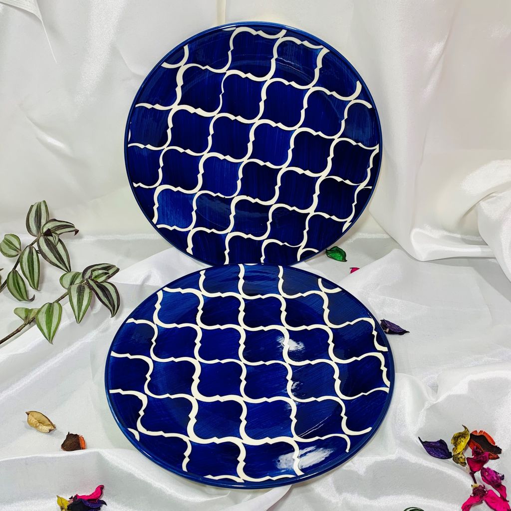 Homefrills Stoneware Blue Moroccan Hand-Painted Full Size Ceramic Dinner Plates Thali Set of 2( 2 Pieces, Microwave Safe,Dishwasher Safe)