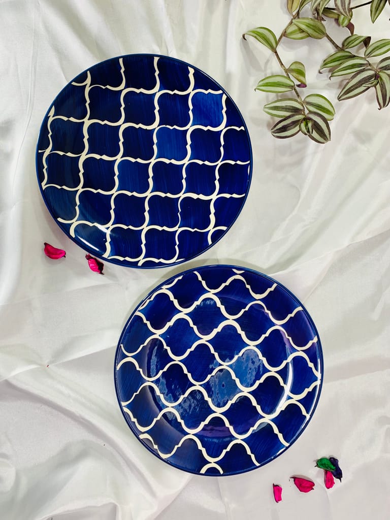 Homefrills Stoneware Blue Moroccan Hand-Painted Full Size Ceramic Dinner Plates Thali Set of 2( 2 Pieces, Microwave Safe,Dishwasher Safe)