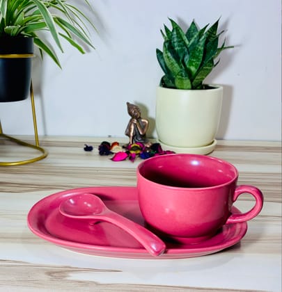 Homefrills Ceramic Glossy Finish Large Soup/Cereal Mug with Tray and Spoon Glossy Finish Suitable for Coffee, Tea, Juice, Cappuccino, Soup,Milk,Cereal etc. (270ml) (Colour-Magenta)