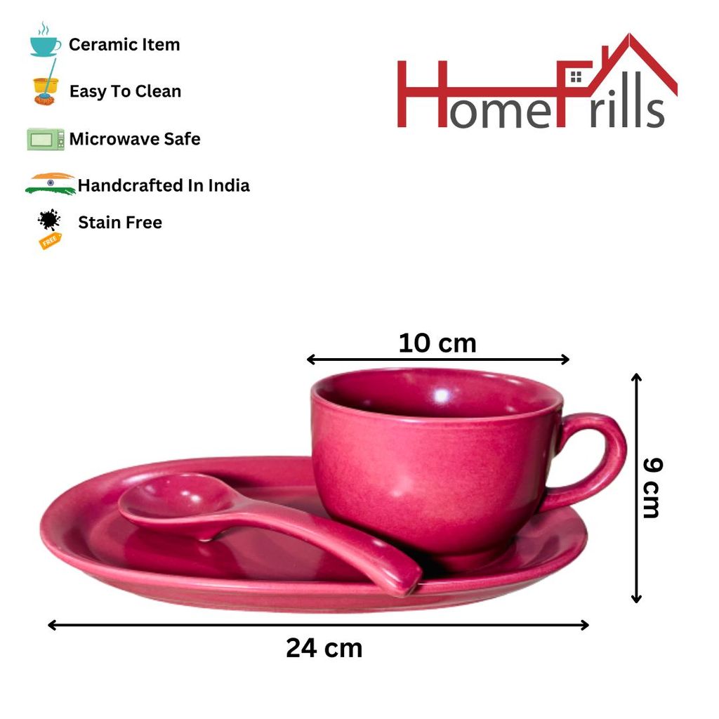 Homefrills Ceramic Glossy Finish Large Soup/Cereal Mug with Tray and Spoon Glossy Finish Suitable for Coffee, Tea, Juice, Cappuccino, Soup,Milk,Cereal etc. (270ml) (Colour-Magenta)