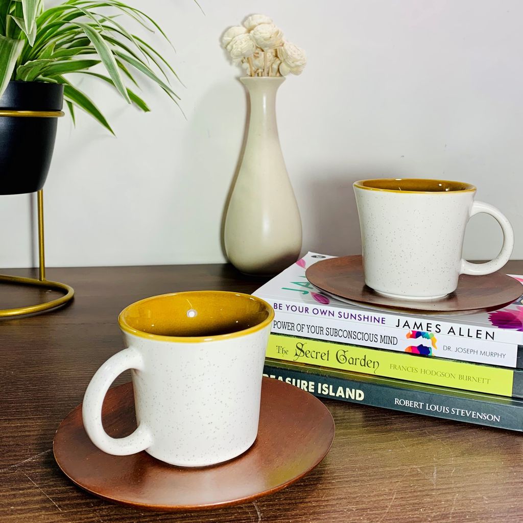 Homefrills Ceramic Hand Crafted Glossy Ceramic Tea/Coffee Cups(White) Combo with Wooden Saucer (Brown) Suitable for Coffee, Tea, Juice, Cappuccino, etc. (150ml) Set of 2