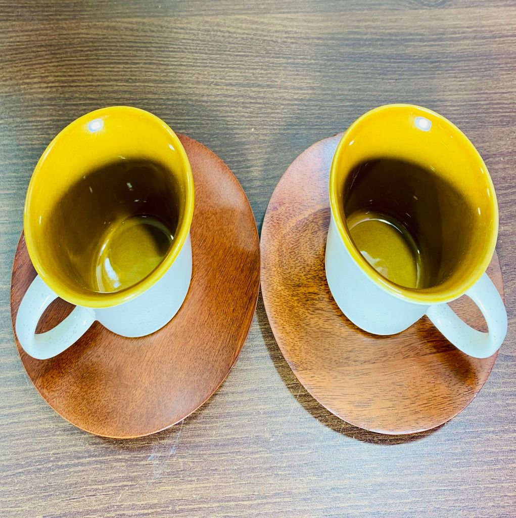Homefrills Ceramic Hand Crafted Glossy Ceramic Tea/Coffee Cups(White) Combo with Wooden Saucer (Brown) Suitable for Coffee, Tea, Juice, Cappuccino, etc. (150ml) Set of 2
