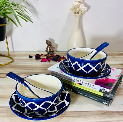 Homefrills Ceramic Glossy Finish Large Soup/Cereal Bowls with Saucer and Spoon Set of Two Glossy Finish Suitable for Soup,Cereal etc. (270ml) Set of 2 (Colour-Blue)