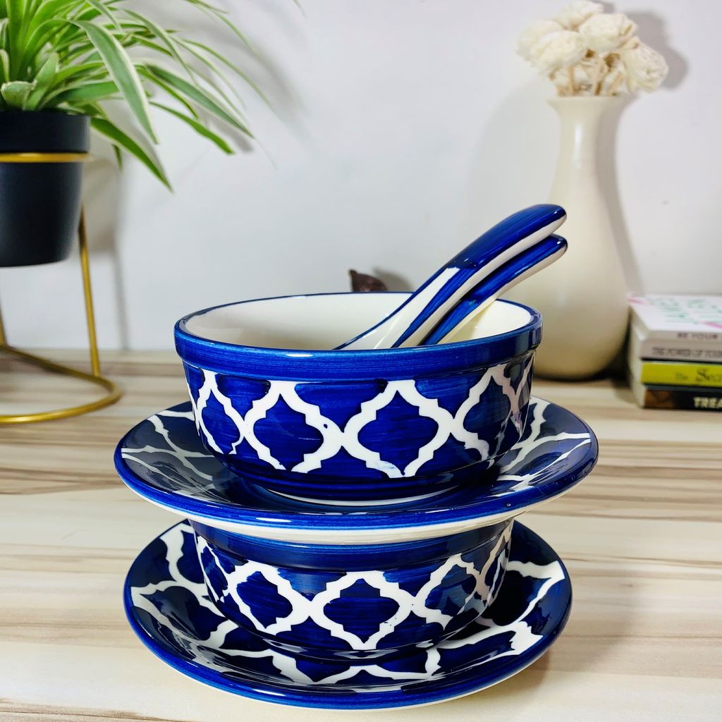 Homefrills Ceramic Glossy Finish Large Soup/Cereal Bowls with Saucer and Spoon Set of Two Glossy Finish Suitable for Soup,Cereal etc. (270ml) Set of 2 (Colour-Blue)