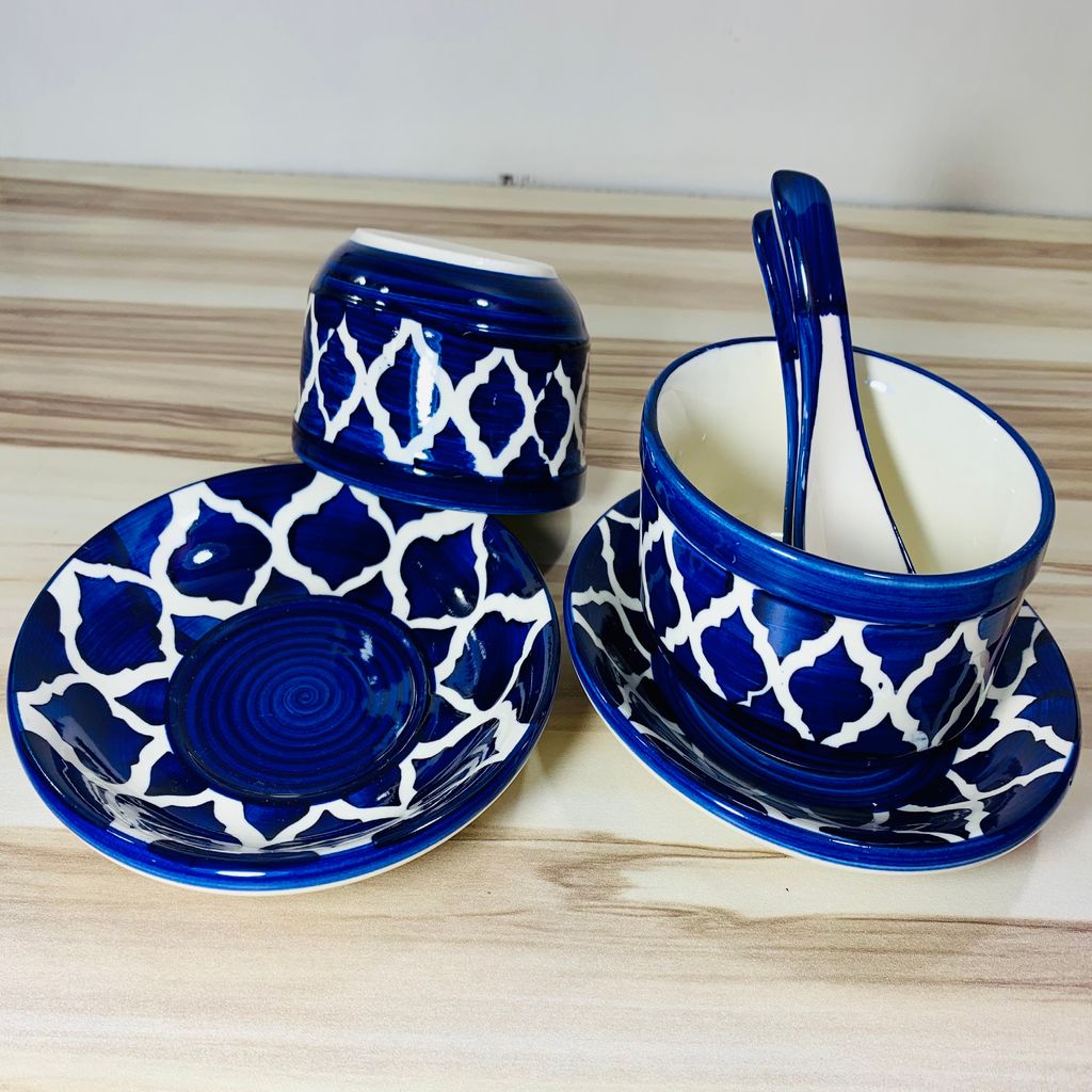 Homefrills Ceramic Glossy Finish Large Soup/Cereal Bowls with Saucer and Spoon Set of Two Glossy Finish Suitable for Soup,Cereal etc. (270ml) Set of 2 (Colour-Blue)