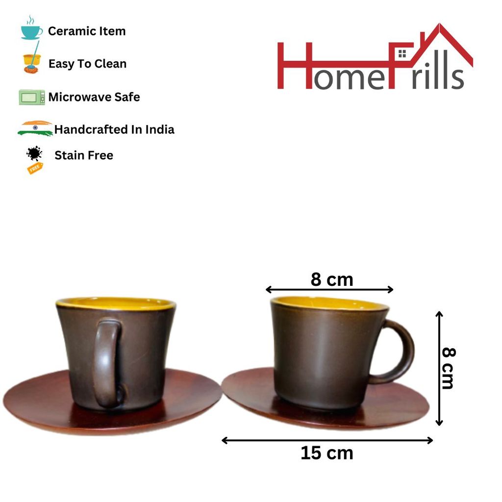 Homefrills Ceramic Hand Crafted Glossy Ceramic Tea/Coffee Cups Combo with Wooden Saucer (Brown) Suitable for Coffee, Tea, Juice, Cappuccino, etc. (150ml) Set of 2