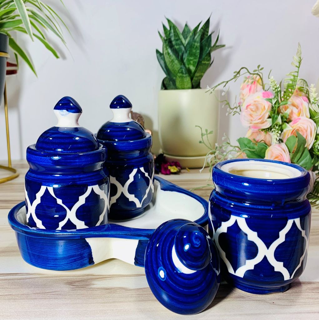 Homefrills Handcrafted Multi-Utility Storage Ceramic Jars & Containers with Lid & Tray for Kitchen & Dinning Table Snacks/Chutney/Pickle Serving jar set(3 jars with Lid & 1 Tray) Colour-Blue