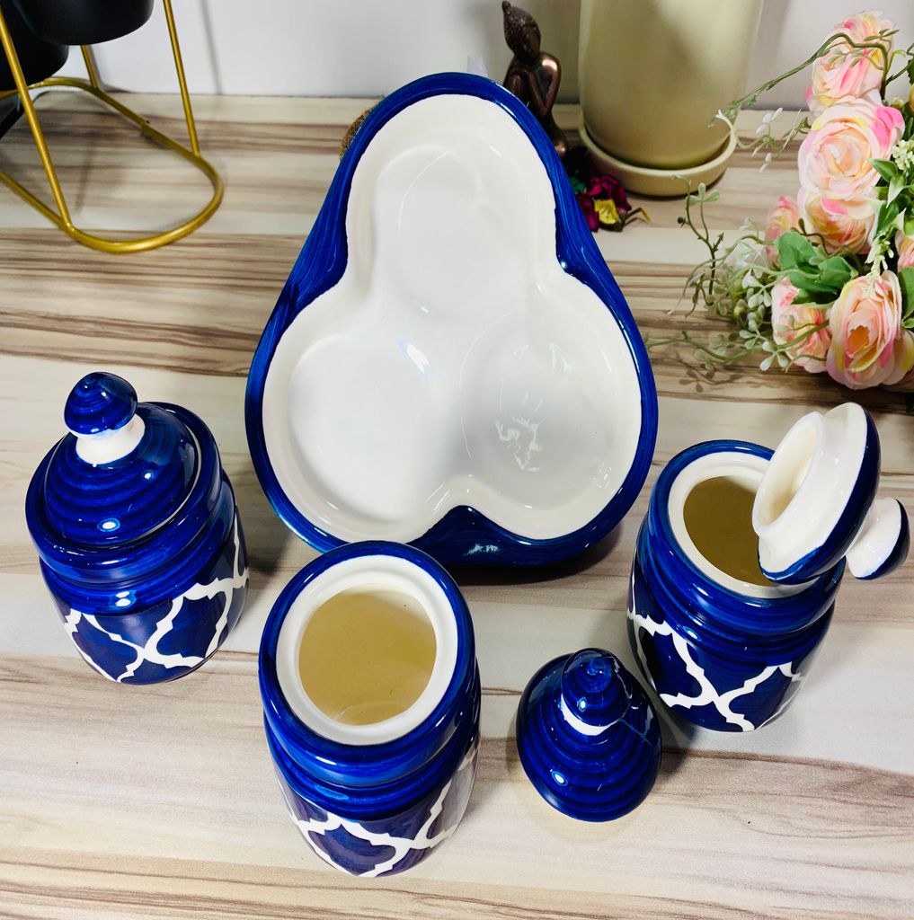 Homefrills Handcrafted Multi-Utility Storage Ceramic Jars & Containers with Lid & Tray for Kitchen & Dinning Table Snacks/Chutney/Pickle Serving jar set(3 jars with Lid & 1 Tray) Colour-Blue