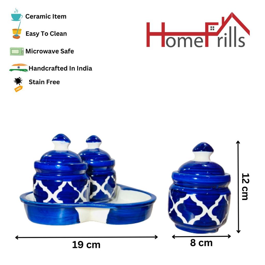 Homefrills Handcrafted Multi-Utility Storage Ceramic Jars & Containers with Lid & Tray for Kitchen & Dinning Table Snacks/Chutney/Pickle Serving jar set(3 jars with Lid & 1 Tray) Colour-Blue