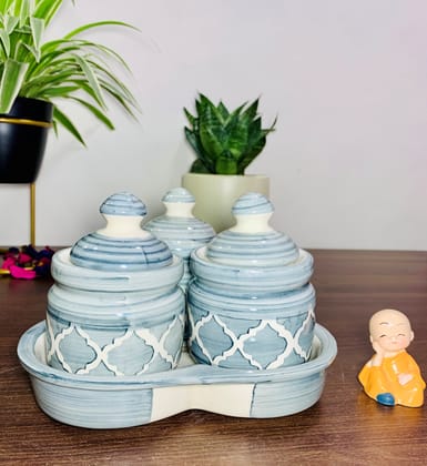 Homefrills Handcrafted Multi-Utility Storage Ceramic Jars & Containers with Lid & Tray for Kitchen & Dinning Table Snacks/Chutney/Pickle Serving jar set(3 jars with Lid & 1 Tray) Colour-Grey