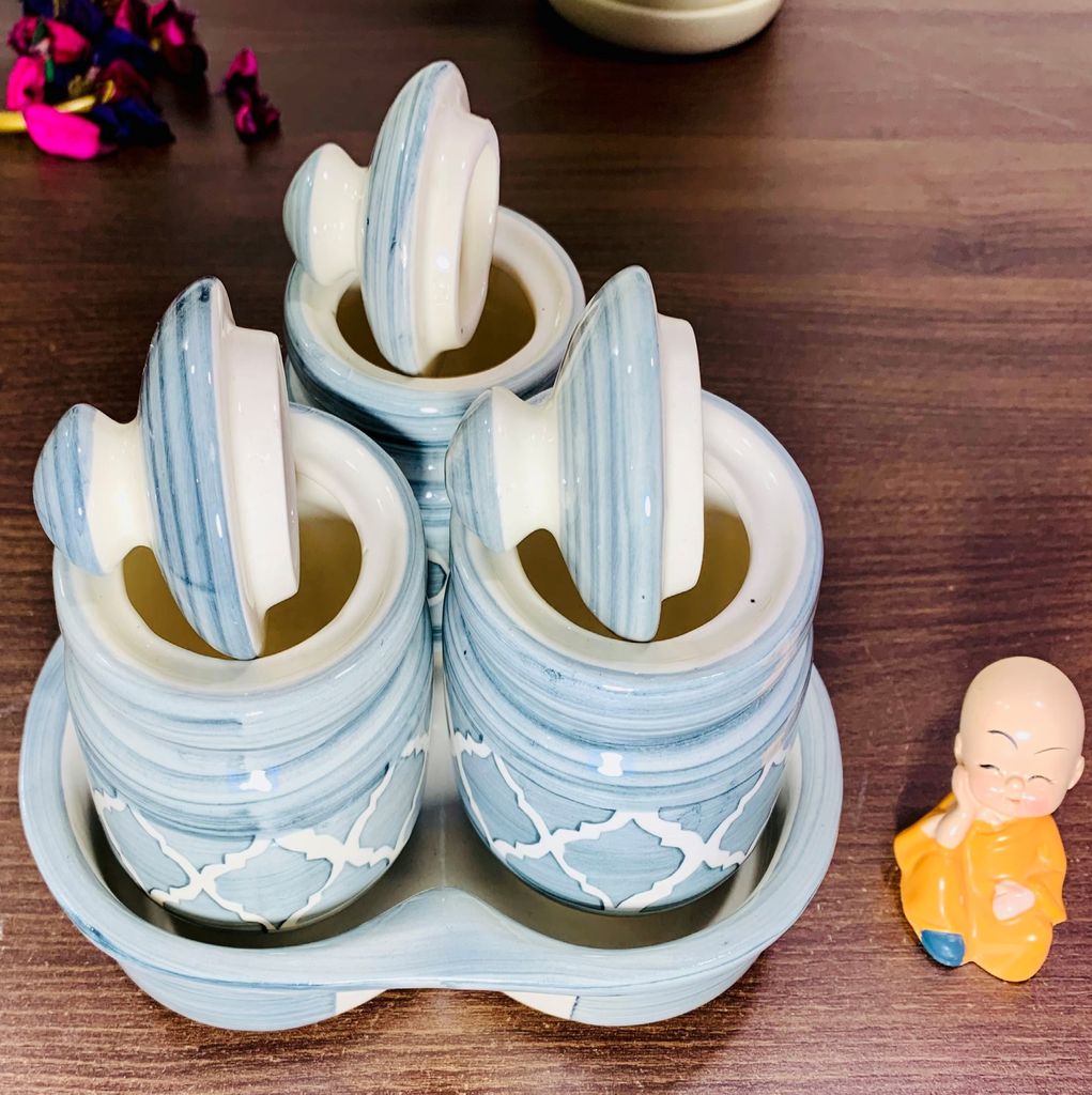 Homefrills Handcrafted Multi-Utility Storage Ceramic Jars & Containers with Lid & Tray for Kitchen & Dinning Table Snacks/Chutney/Pickle Serving jar set(3 jars with Lid & 1 Tray) Colour-Grey