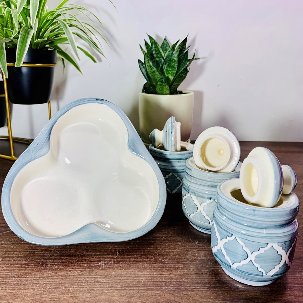 Homefrills Handcrafted Multi-Utility Storage Ceramic Jars & Containers with Lid & Tray for Kitchen & Dinning Table Snacks/Chutney/Pickle Serving jar set(3 jars with Lid & 1 Tray) Colour-Grey