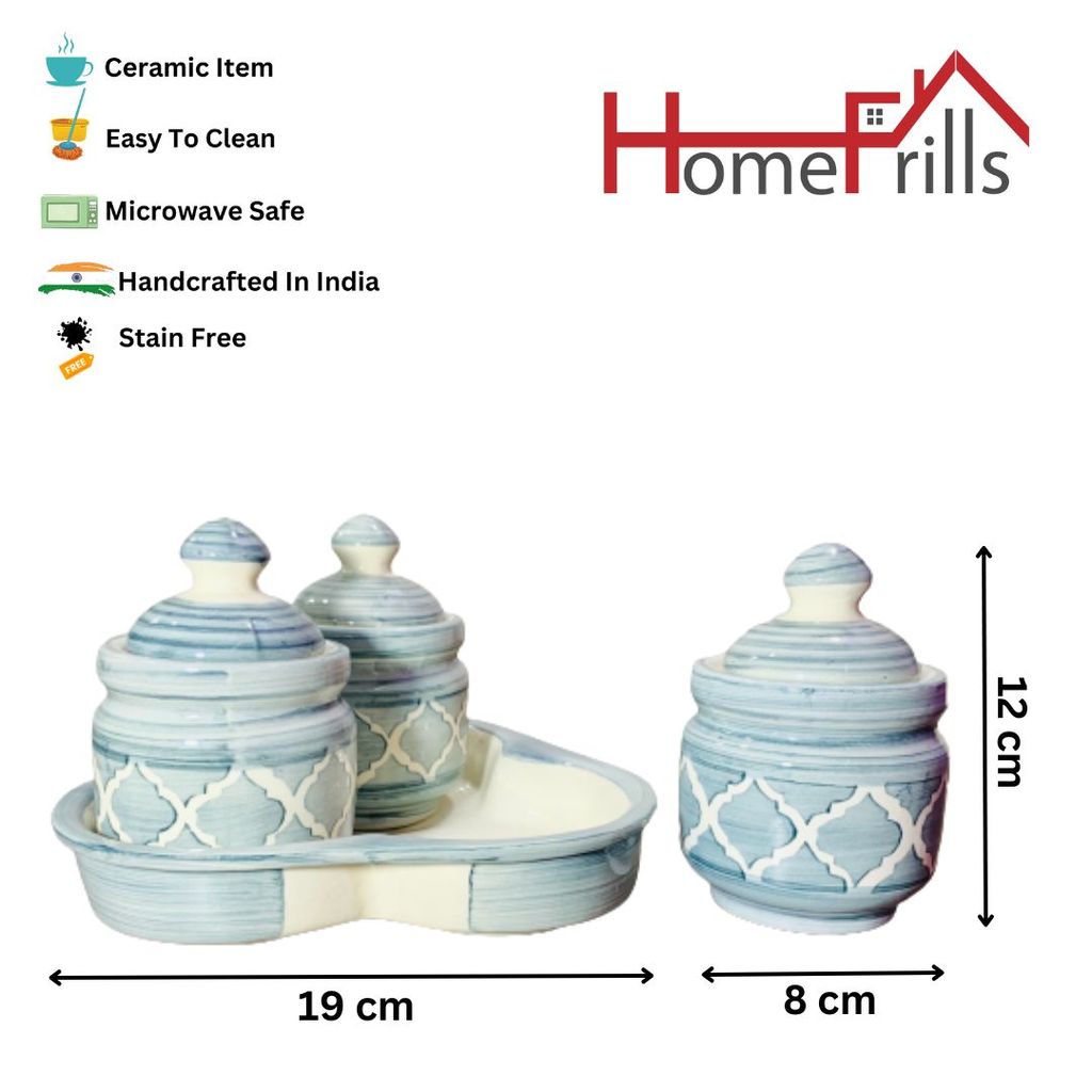 Homefrills Handcrafted Multi-Utility Storage Ceramic Jars & Containers with Lid & Tray for Kitchen & Dinning Table Snacks/Chutney/Pickle Serving jar set(3 jars with Lid & 1 Tray) Colour-Grey