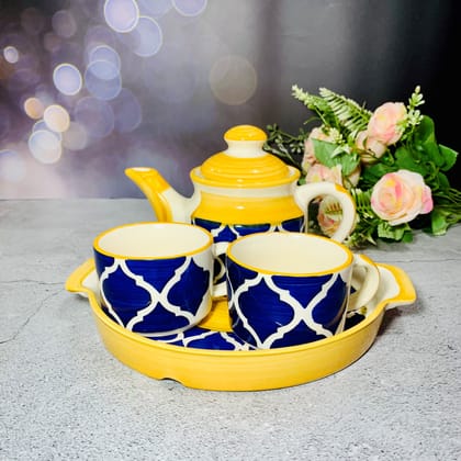 Homefrills Hand Painted Ceramic Tea Kettle Set with 2 Cups(150ml), 1 Kettle(400ml)& 1 Tray / CeramicGood Morning Set- Set of 4 Colour-Yellow & Blue,Microwave Safe