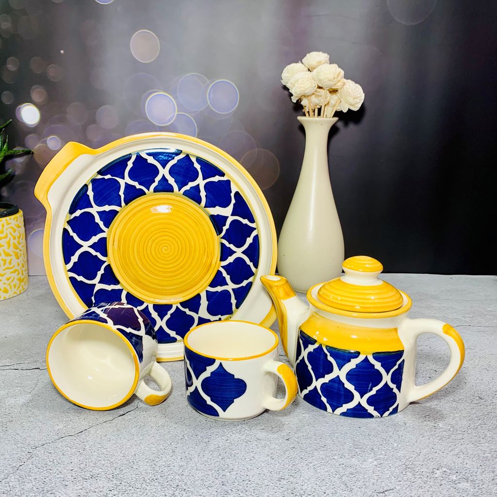 Homefrills Hand Painted Ceramic Tea Kettle Set with 2 Cups(150ml), 1 Kettle(400ml)& 1 Tray / CeramicGood Morning Set- Set of 4 Colour-Yellow & Blue,Microwave Safe
