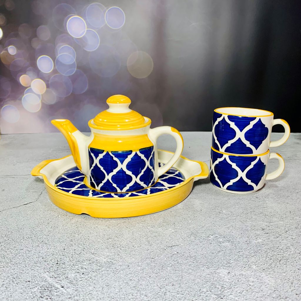Homefrills Hand Painted Ceramic Tea Kettle Set with 2 Cups(150ml), 1 Kettle(400ml)& 1 Tray / CeramicGood Morning Set- Set of 4 Colour-Yellow & Blue,Microwave Safe