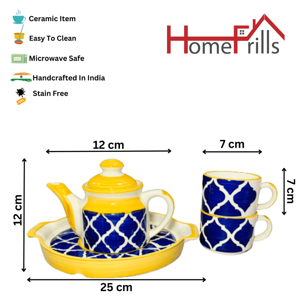 Homefrills Hand Painted Ceramic Tea Kettle Set with 2 Cups(150ml), 1 Kettle(400ml)& 1 Tray / CeramicGood Morning Set- Set of 4 Colour-Yellow & Blue,Microwave Safe