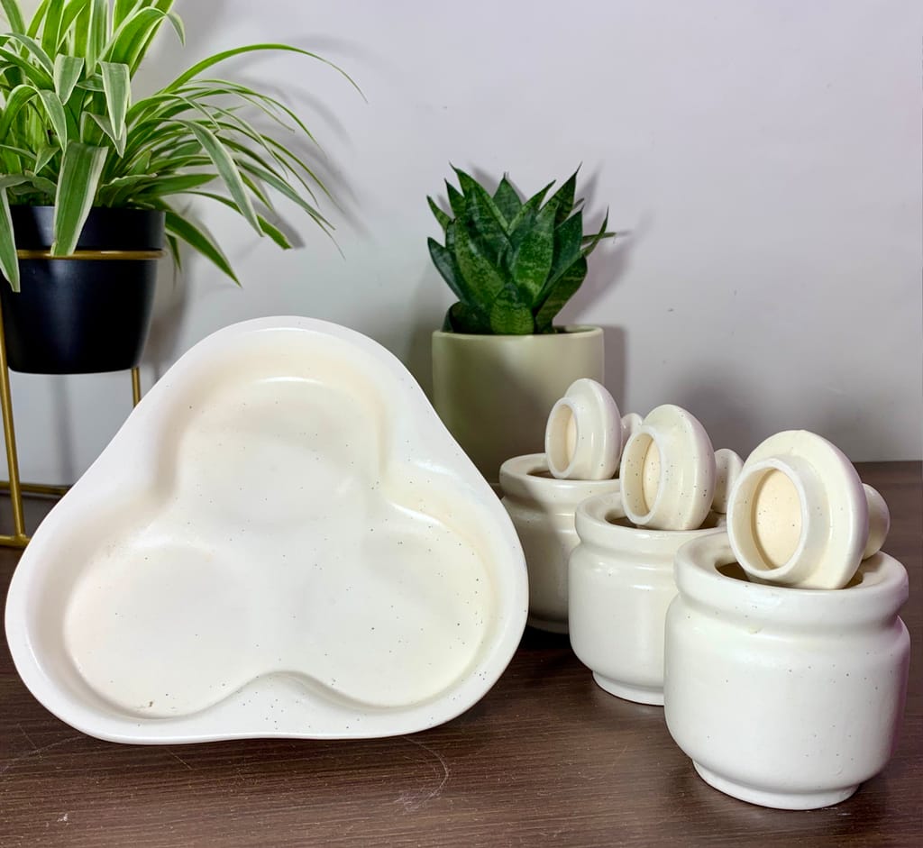 Homefrills Handcrafted Multi-Utility Storage Ceramic Jars & Containers with Lid & Tray for Kitchen & Dinning Table Snacks/Chutney/Pickle Serving jar set(3 jars with Lid & 1 Tray) Colour-White