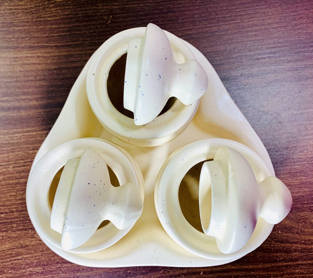 Homefrills Handcrafted Multi-Utility Storage Ceramic Jars & Containers with Lid & Tray for Kitchen & Dinning Table Snacks/Chutney/Pickle Serving jar set(3 jars with Lid & 1 Tray) Colour-White