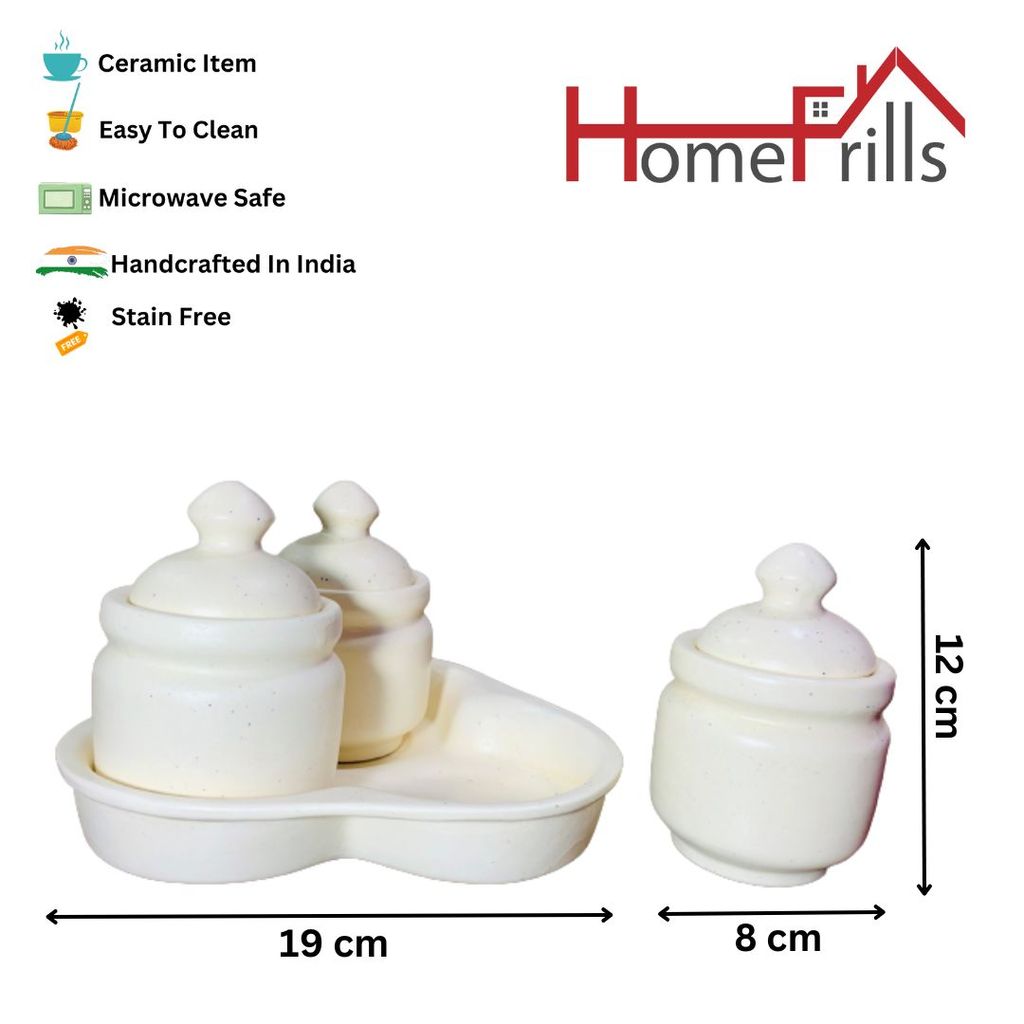 Homefrills Handcrafted Multi-Utility Storage Ceramic Jars & Containers with Lid & Tray for Kitchen & Dinning Table Snacks/Chutney/Pickle Serving jar set(3 jars with Lid & 1 Tray) Colour-White