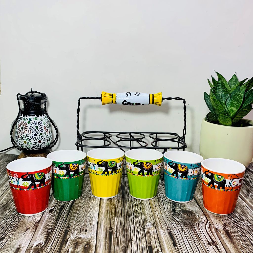 Homefrills Handpainted Stylish Multicolour Tapri Style Ceramic Tea Cups/Cutting Chai Glasses with Serving Stand Set of 6 with Serving Stand
