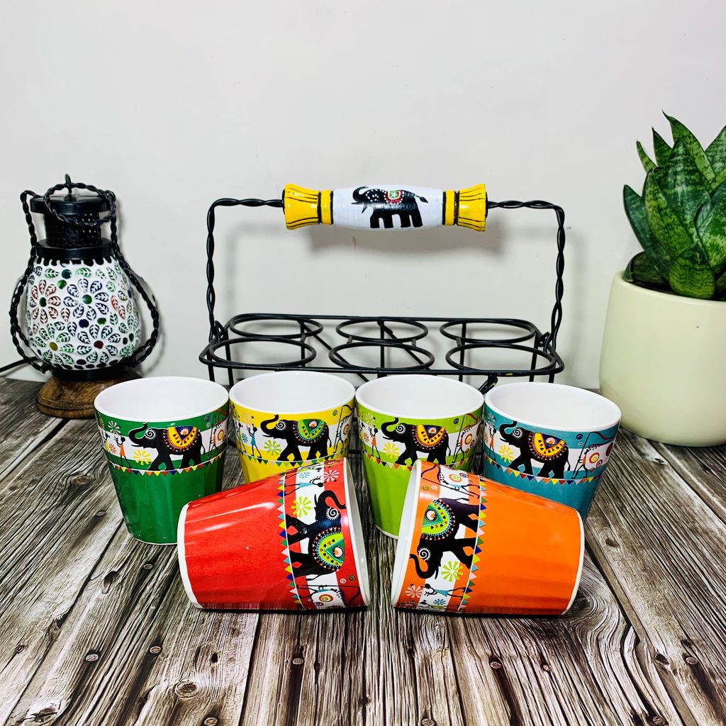 Homefrills Handpainted Stylish Multicolour Tapri Style Ceramic Tea Cups/Cutting Chai Glasses with Serving Stand Set of 6 with Serving Stand