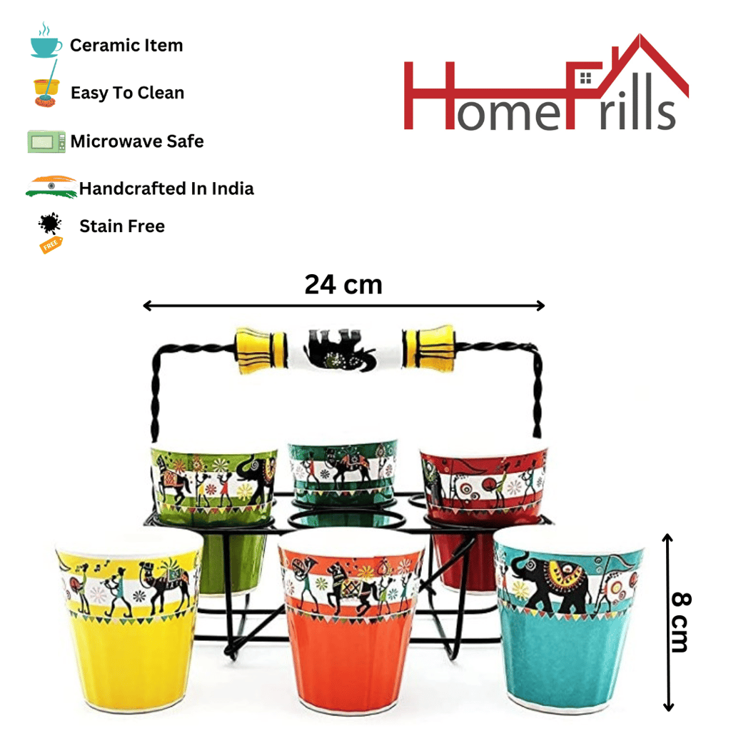 Homefrills Handpainted Stylish Multicolour Tapri Style Ceramic Tea Cups/Cutting Chai Glasses with Serving Stand Set of 6 with Serving Stand