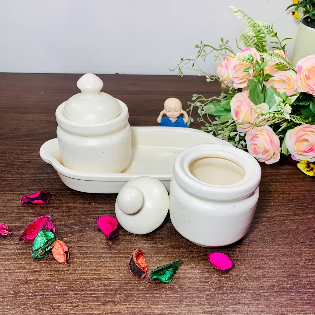 Homefrills Handcrafted Multi-Utility Storage Ceramic Jars & Containers with Lid & Tray for Kitchen & Dinning Table Snacks/Chutney/Pickle Serving jar set(2 jars with Lid & 1 Tray) Colour-White