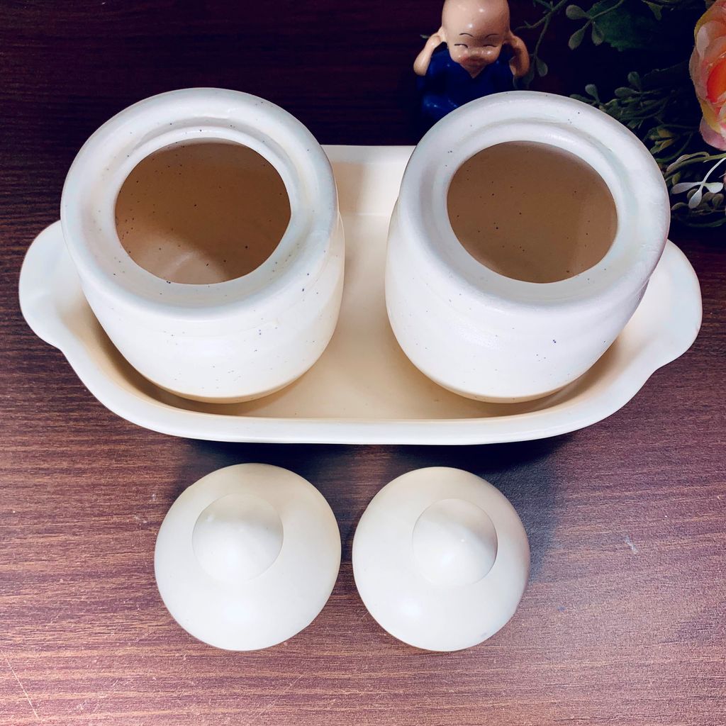 Homefrills Handcrafted Multi-Utility Storage Ceramic Jars & Containers with Lid & Tray for Kitchen & Dinning Table Snacks/Chutney/Pickle Serving jar set(2 jars with Lid & 1 Tray) Colour-White