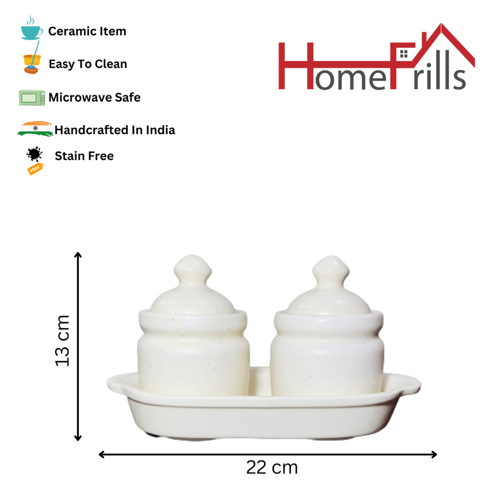 Homefrills Handcrafted Multi-Utility Storage Ceramic Jars & Containers with Lid & Tray for Kitchen & Dinning Table Snacks/Chutney/Pickle Serving jar set(2 jars with Lid & 1 Tray) Colour-White