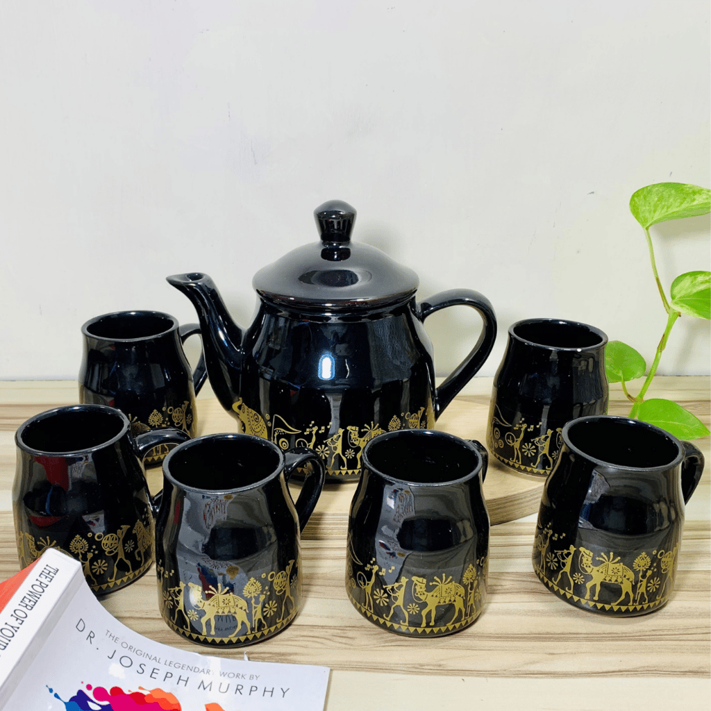 Homefrills Hand Painted Ceramic Tea Kettle Set with 6 Cups(150ml), 1 Kettle(400ml) Ceramic Good Morning Set- Set of 7 Colour-Black,Microwave Safe