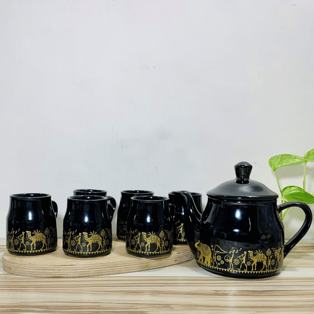 Homefrills Hand Painted Ceramic Tea Kettle Set with 6 Cups(150ml), 1 Kettle(400ml) Ceramic Good Morning Set- Set of 7 Colour-Black,Microwave Safe