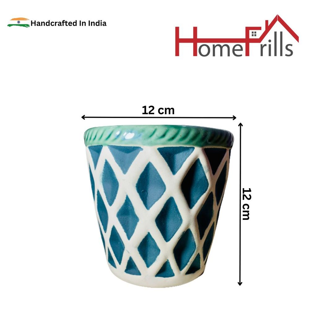 Homefrills Small Matte Finish Green Stripped Design Ceramic planters Pot for Indoor & Outdoor Home, Garden, Office Decor,Balcony Planters Pot Gamla Size-12 * 12 cm
