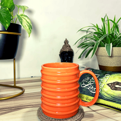 Homefrills Ceramic Hand Crafted Glossy line Design Ceramic Coffee Mug (Orange) Suitable for Coffee, Tea, Juice, Cappuccino,Milk etc. (275ml) Set of 1