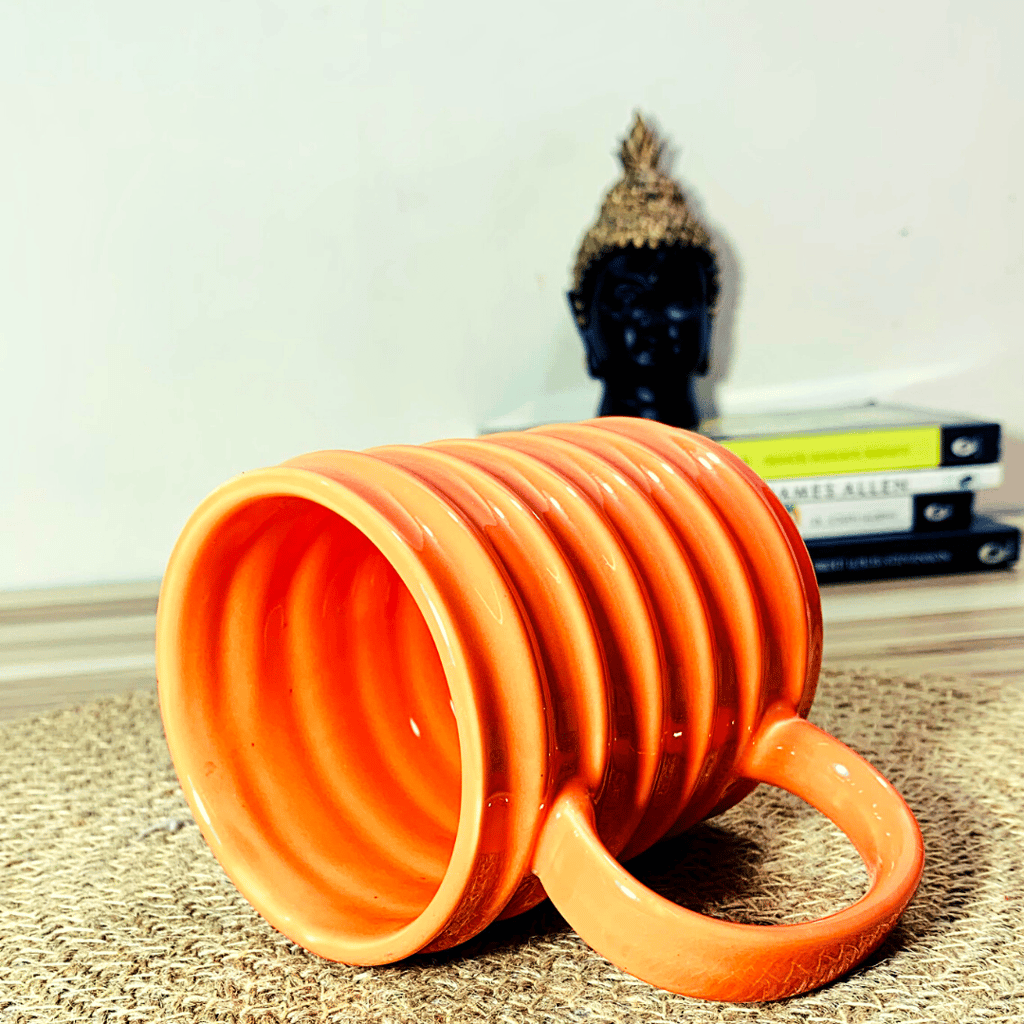 Homefrills Ceramic Hand Crafted Glossy line Design Ceramic Coffee Mug (Orange) Suitable for Coffee, Tea, Juice, Cappuccino,Milk etc. (275ml) Set of 1