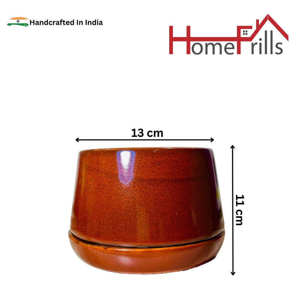 Homefrills Stylish Glossy Burnt Umber Colour Ceramic Planters Pot with Bottom Tray for Indoor Plants, Flower Pots, Succulent Pot, Planters for Home Decor, Home Garden Size-13 * 11 cm