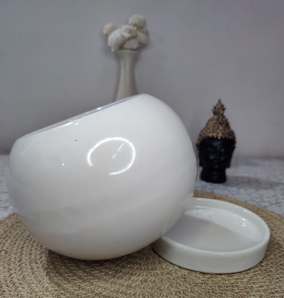 Homefrills Stylish Glossy Round White Colour Ceramic Planters Pot with Bottom Tray for Indoor Plants, Flower Pots, Succulent Pot, Planters for Home Decor, Home Garden Size-17 * 15 cm