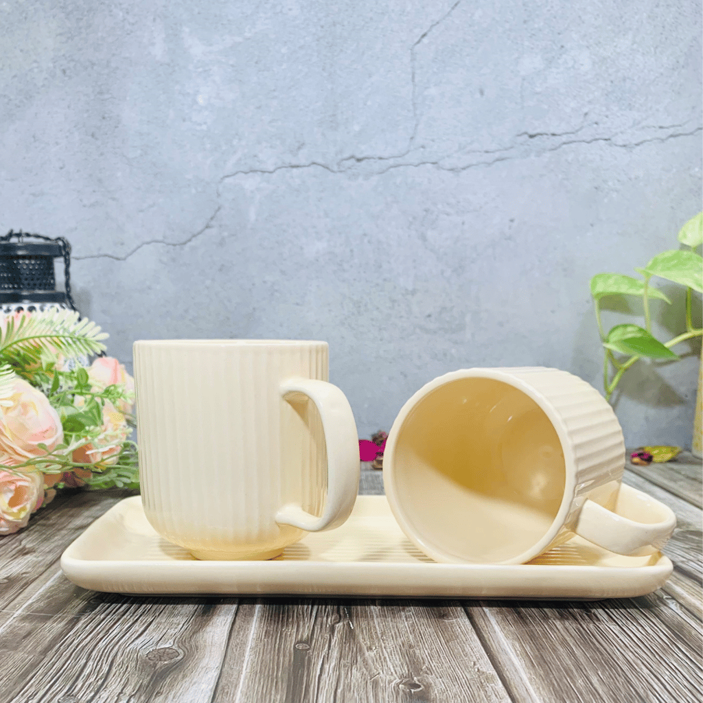 Homefrills Premium Stoneware Handmade Striped Design Ceramic Tea Cups & Milk/Coffee Mugs Along with Tray Microwave Dishwasher Safe - Pack of 3 (2 Cups and 1 Tray) Ivory, 300ml