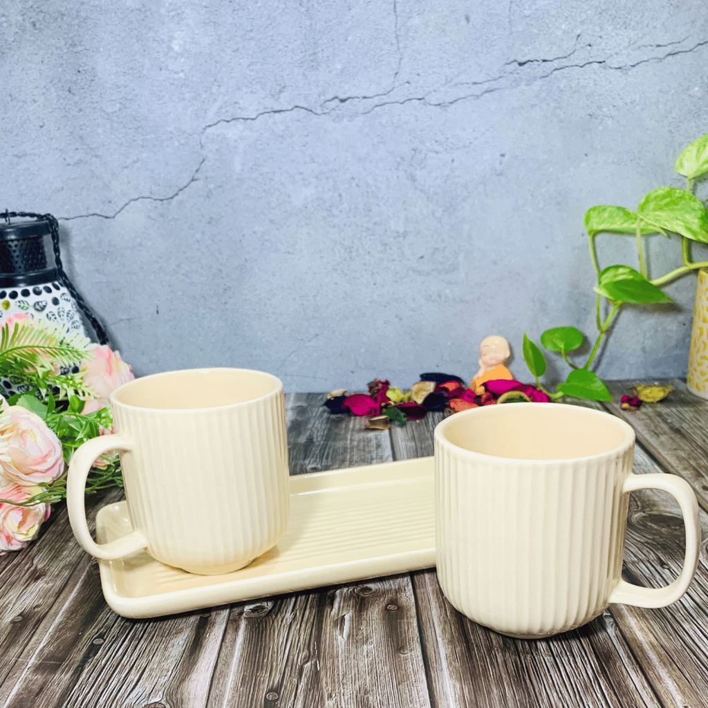 Homefrills Premium Stoneware Handmade Striped Design Ceramic Tea Cups & Milk/Coffee Mugs Along with Tray Microwave Dishwasher Safe - Pack of 3 (2 Cups and 1 Tray) Ivory, 300ml