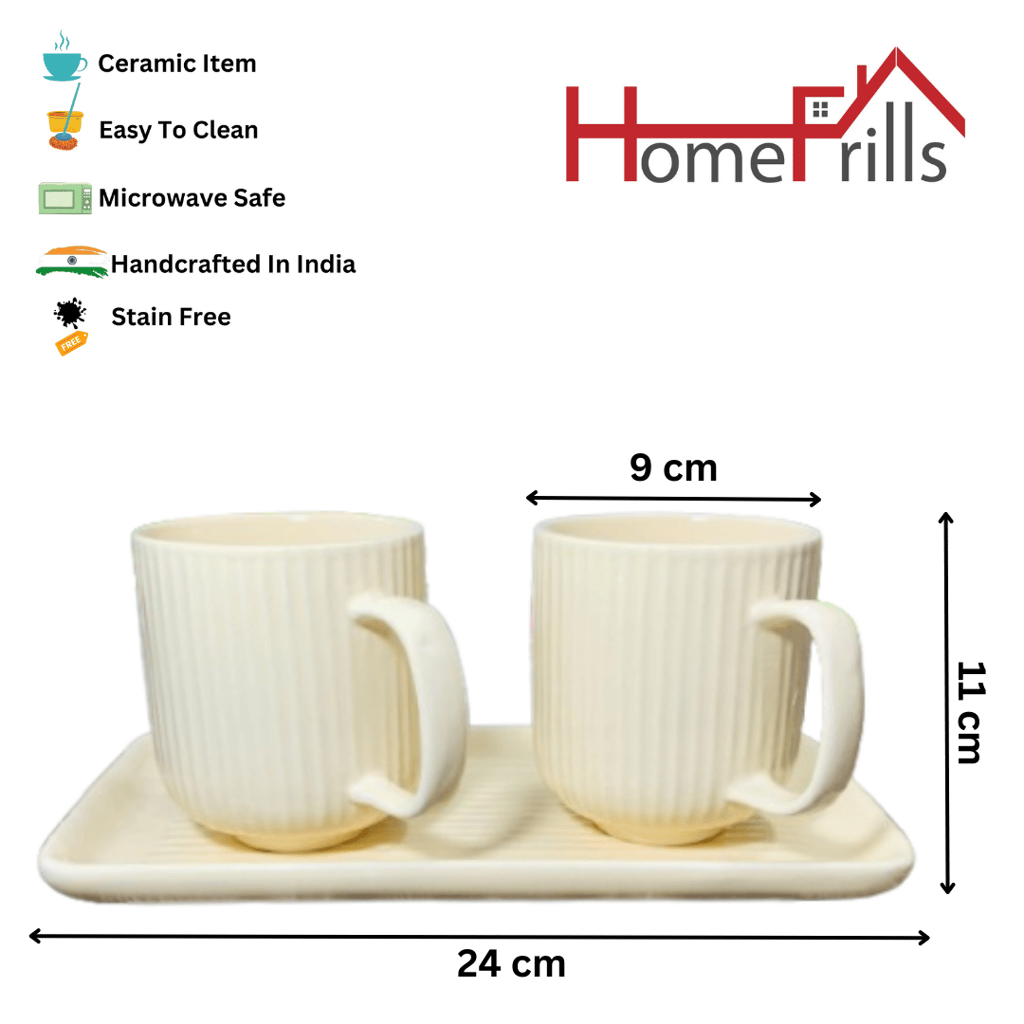 Homefrills Premium Stoneware Handmade Striped Design Ceramic Tea Cups & Milk/Coffee Mugs Along with Tray Microwave Dishwasher Safe - Pack of 3 (2 Cups and 1 Tray) Ivory, 300ml