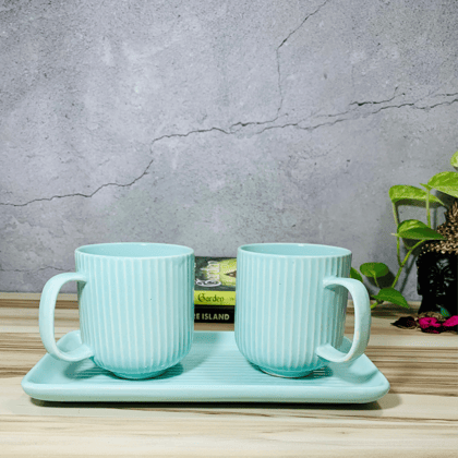 Homefrills Premium Stoneware Handmade Striped Design Ceramic Tea Cups & Milk/Coffee Mugs Along with Tray Microwave Dishwasher Safe - Pack of 3 (2 Cups and 1 Tray) Green, 300ml