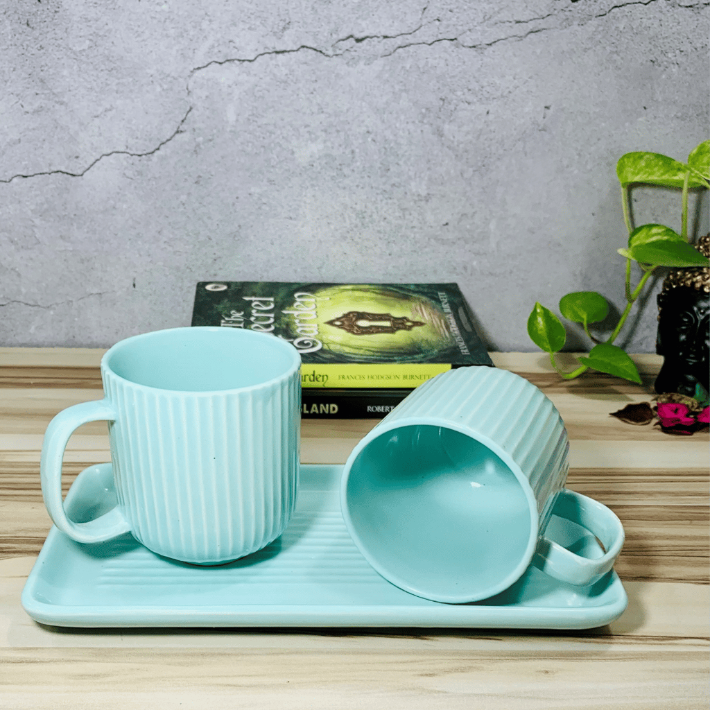 Homefrills Premium Stoneware Handmade Striped Design Ceramic Tea Cups & Milk/Coffee Mugs Along with Tray Microwave Dishwasher Safe - Pack of 3 (2 Cups and 1 Tray) Green, 300ml