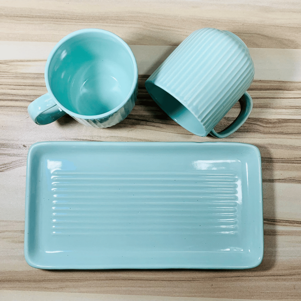 Homefrills Premium Stoneware Handmade Striped Design Ceramic Tea Cups & Milk/Coffee Mugs Along with Tray Microwave Dishwasher Safe - Pack of 3 (2 Cups and 1 Tray) Green, 300ml