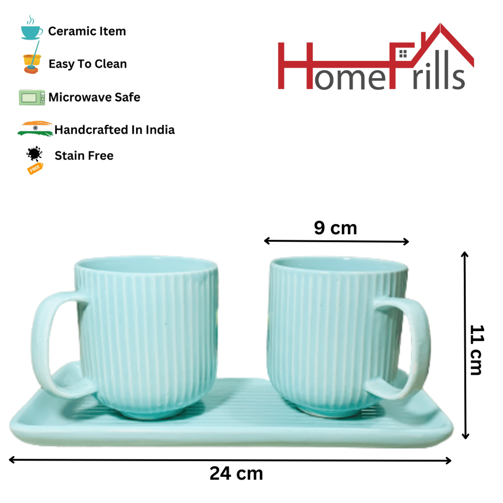 Homefrills Premium Stoneware Handmade Striped Design Ceramic Tea Cups & Milk/Coffee Mugs Along with Tray Microwave Dishwasher Safe - Pack of 3 (2 Cups and 1 Tray) Green, 300ml