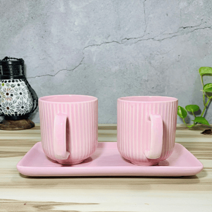 Homefrills Premium Stoneware Handmade Striped Design Ceramic Tea Cups & Milk/Coffee Mugs Along with Tray Microwave Dishwasher Safe - Pack of 3 (2 Cups and 1 Tray) Pink, 300ml