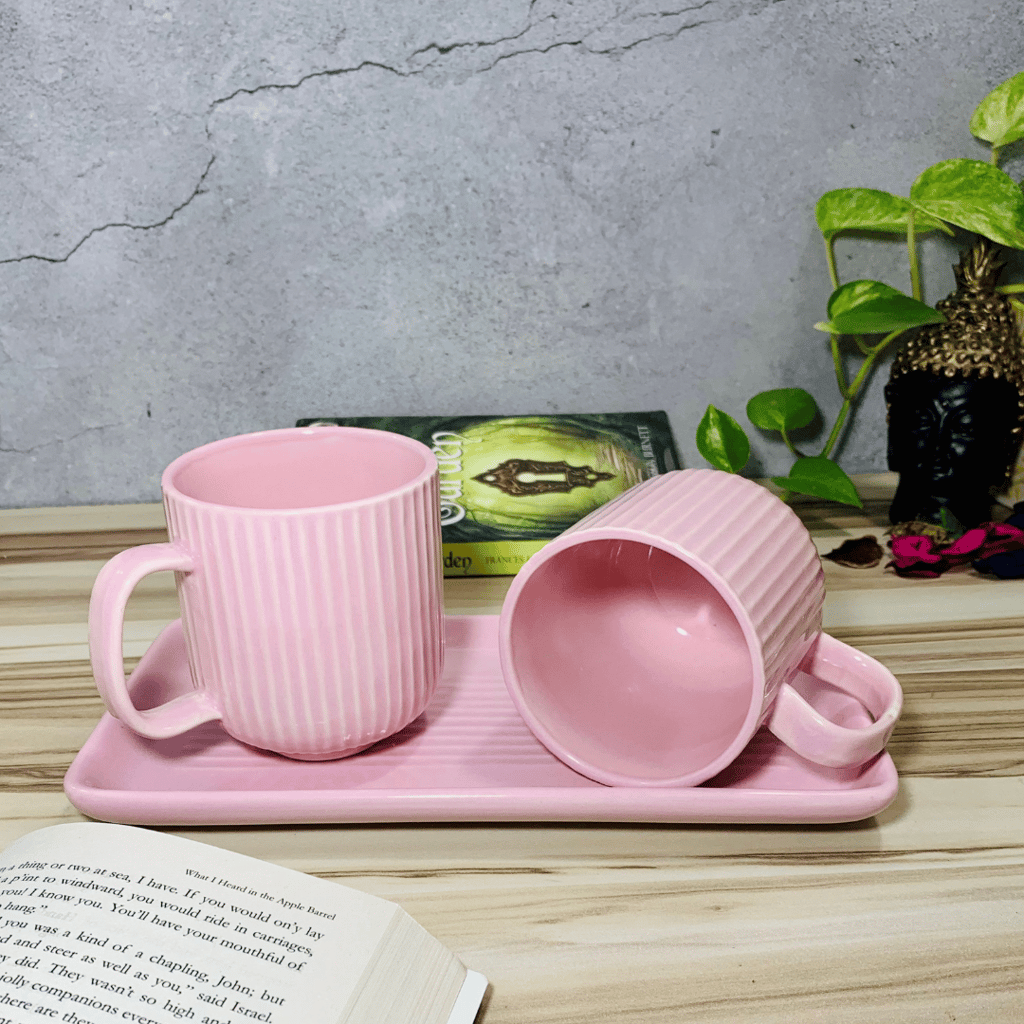 Homefrills Premium Stoneware Handmade Striped Design Ceramic Tea Cups & Milk/Coffee Mugs Along with Tray Microwave Dishwasher Safe - Pack of 3 (2 Cups and 1 Tray) Pink, 300ml